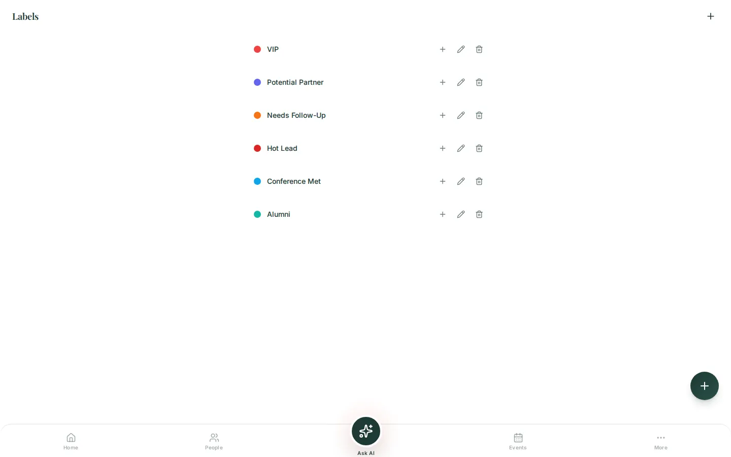 Labels management showing tags like VIP, Investor, Partner, and Mentor