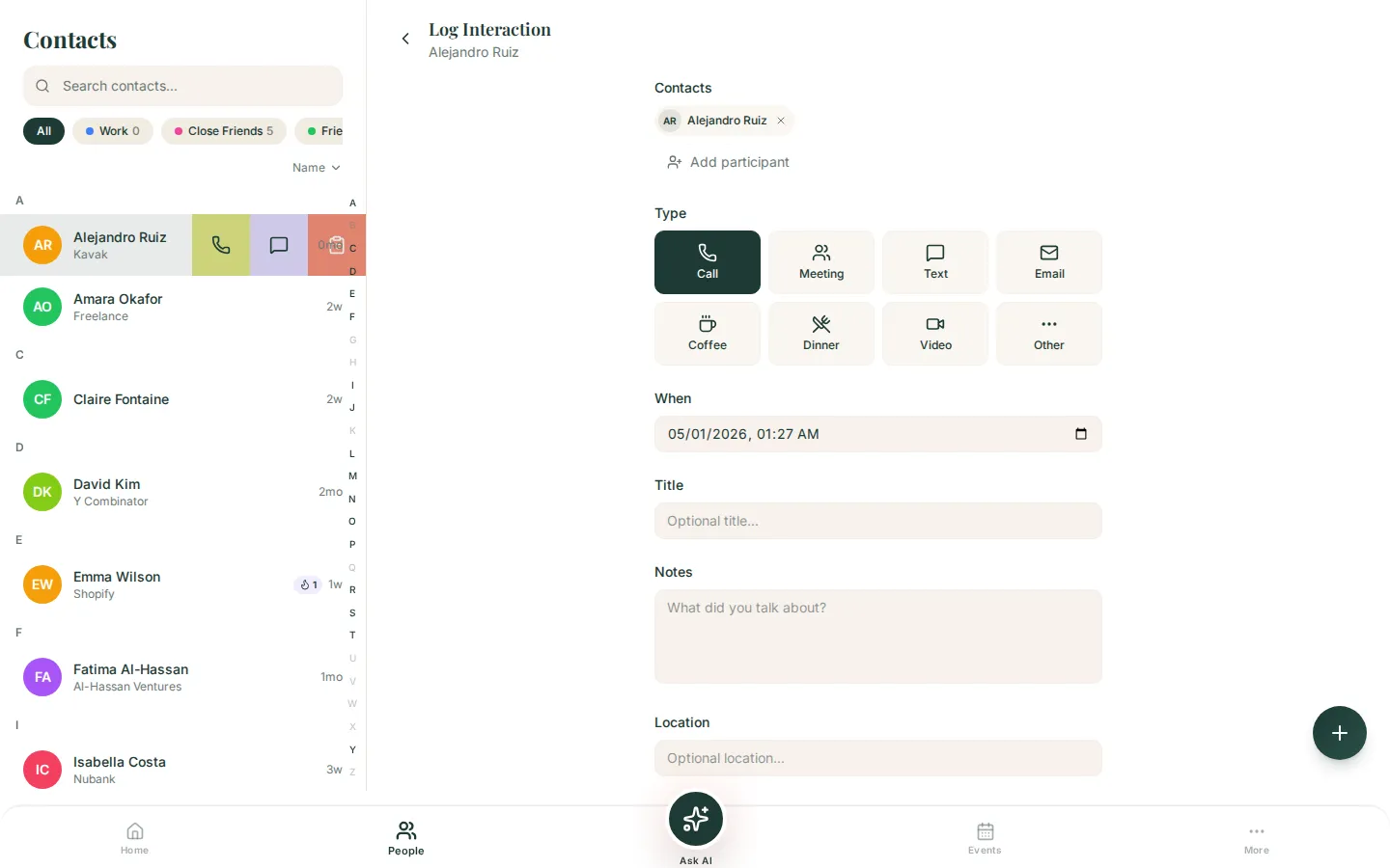 Aime log interaction screen showing the type selector icon grid with 8 interaction types, quality emoji selector, and notes field