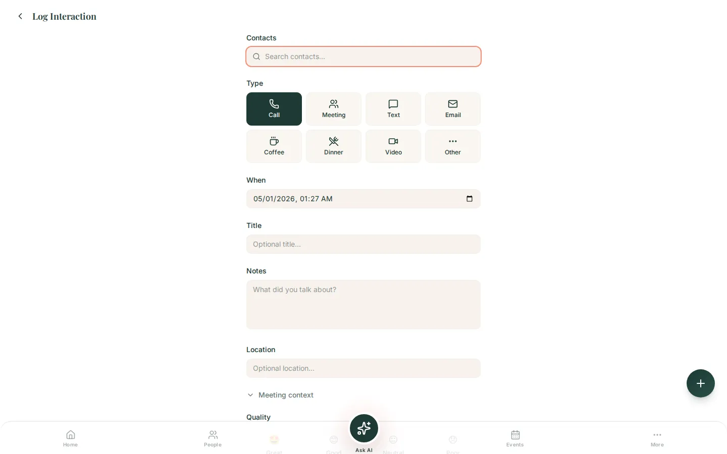 Interaction logging view showing type icons, contact names, dates, and quality indicators